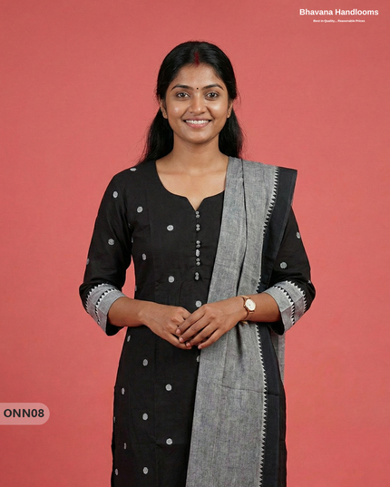 Mangalagiri Cotton 3PC Set with Full-Length Lining & Elastic Pocket Bottom – Indian Black