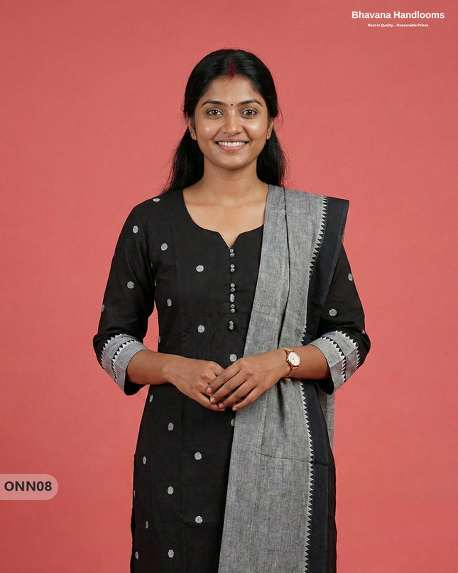 Mangalagiri Cotton 3PC Set with Full-Length Lining & Elastic Pocket Bottom – Indian Black