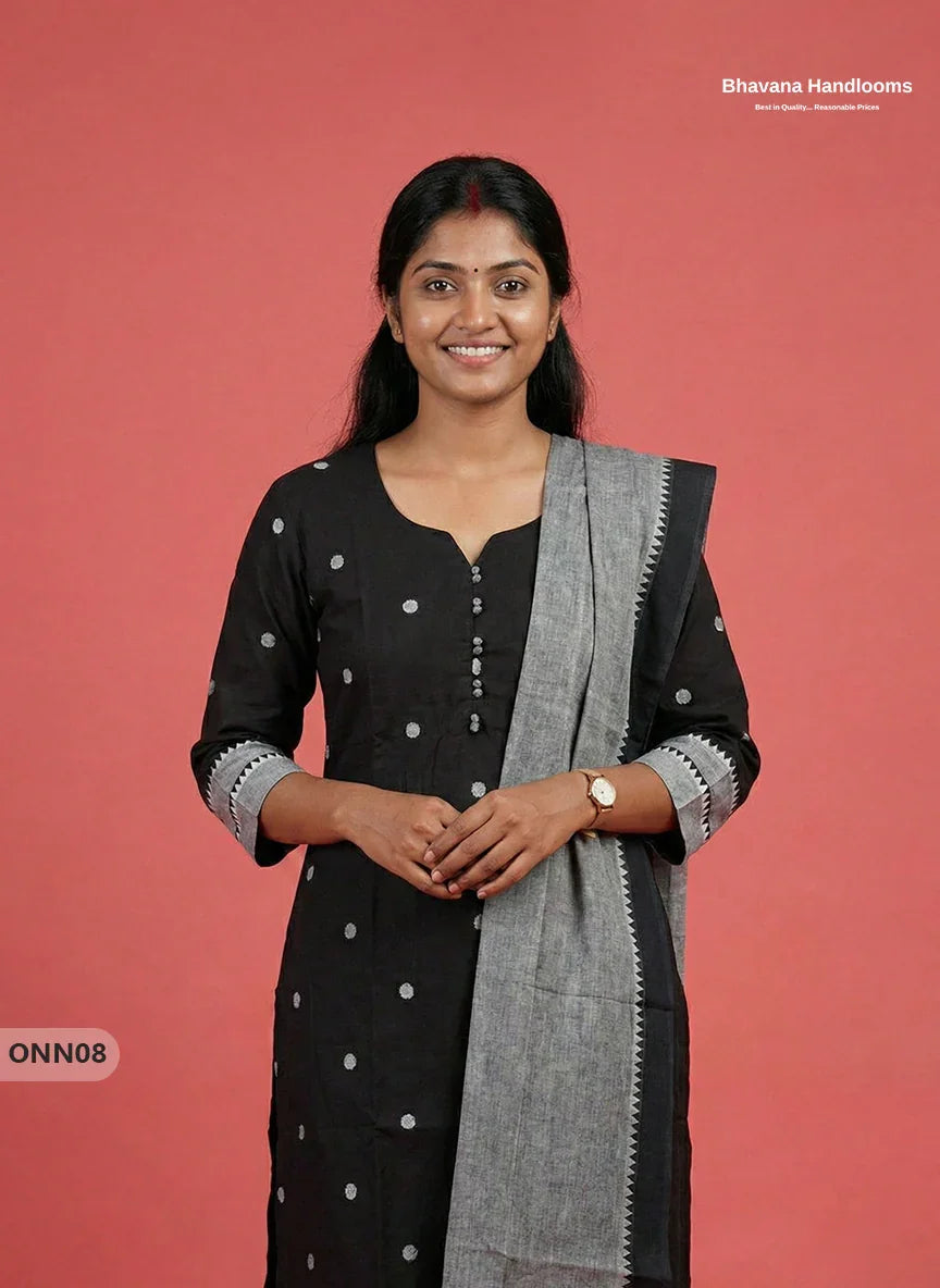 Mangalagiri Cotton 3PC Set with Full-Length Lining & Elastic Pocket Bottom – Indian Black