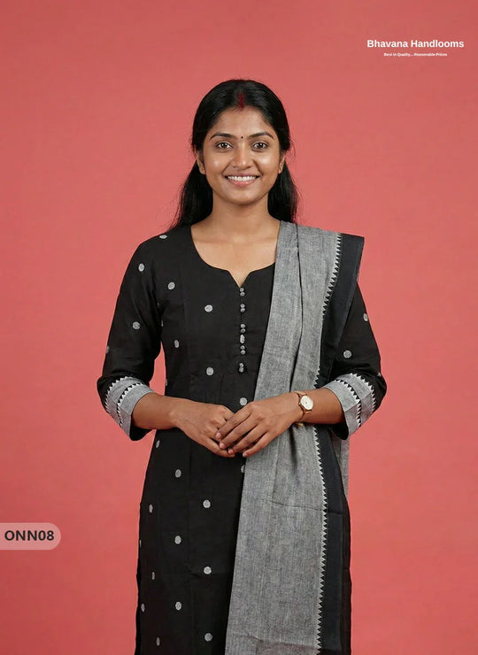 Mangalagiri Cotton 3PC Set with Full-Length Lining & Elastic Pocket Bottom – Indian Black