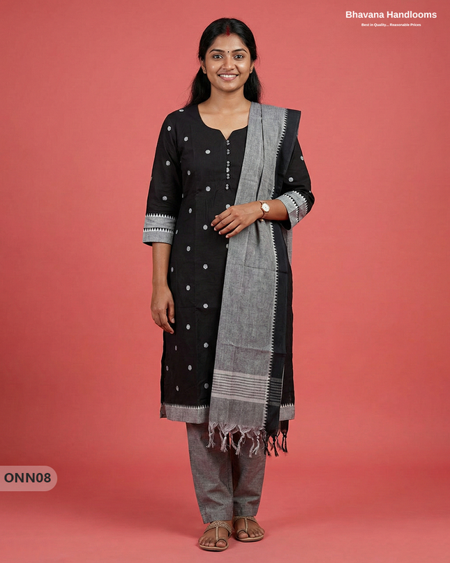 Mangalagiri Cotton 3PC Set with Full-Length Lining & Elastic Pocket Bottom – Indian Black