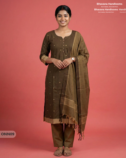 Mangalagiri Cotton 3PC Set with Full-Length Lining & Elastic Pocket Bottom – Indian Chocolate Brown