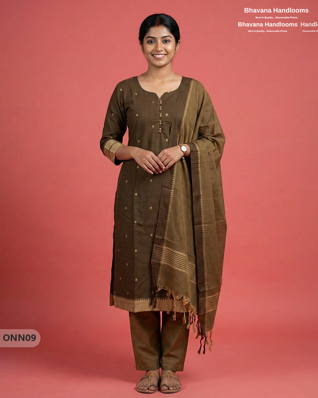 Mangalagiri Cotton 3PC Set with Full-Length Lining & Elastic Pocket Bottom – Indian Chocolate Brown