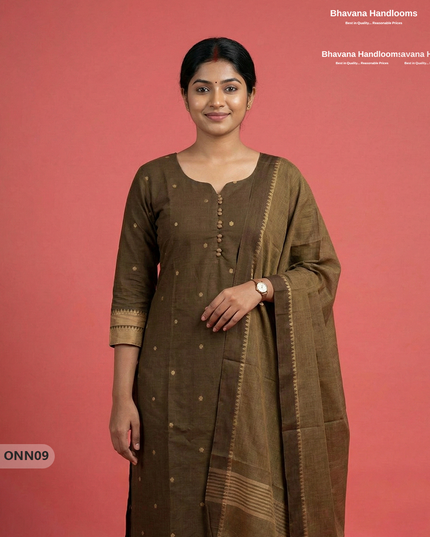 Mangalagiri Cotton 3PC Set with Full-Length Lining & Elastic Pocket Bottom – Indian Chocolate Brown