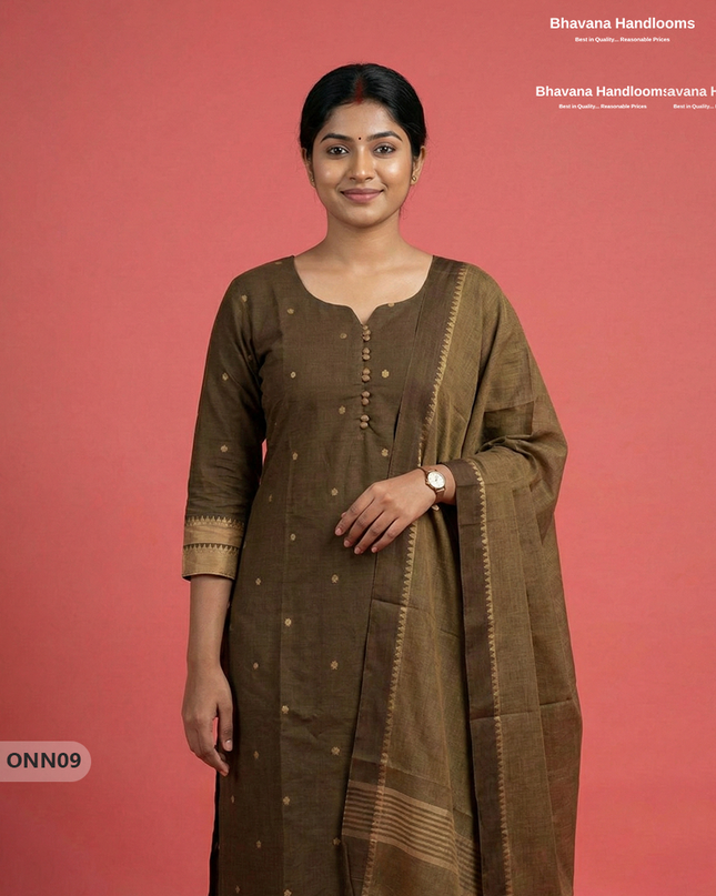 Mangalagiri Cotton 3PC Set with Full-Length Lining & Elastic Pocket Bottom – Indian Chocolate Brown