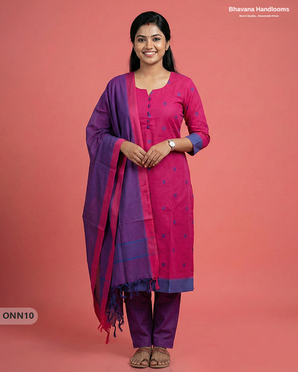 Mangalagiri Cotton 3PC Set with Full-Length Lining & Elastic Pocket Bottom – Pinkish Red