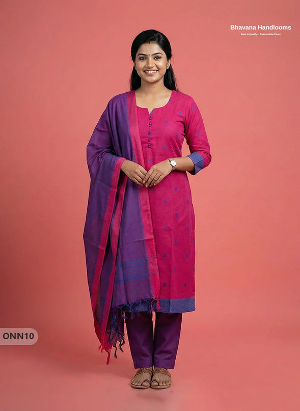Mangalagiri Cotton 3PC Set with Full-Length Lining & Elastic Pocket Bottom – Pinkish Red