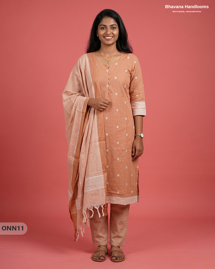 Mangalagiri Cotton 3PC Set with Full-Length Lining & Elastic Pocket Bottom – Pale Peach