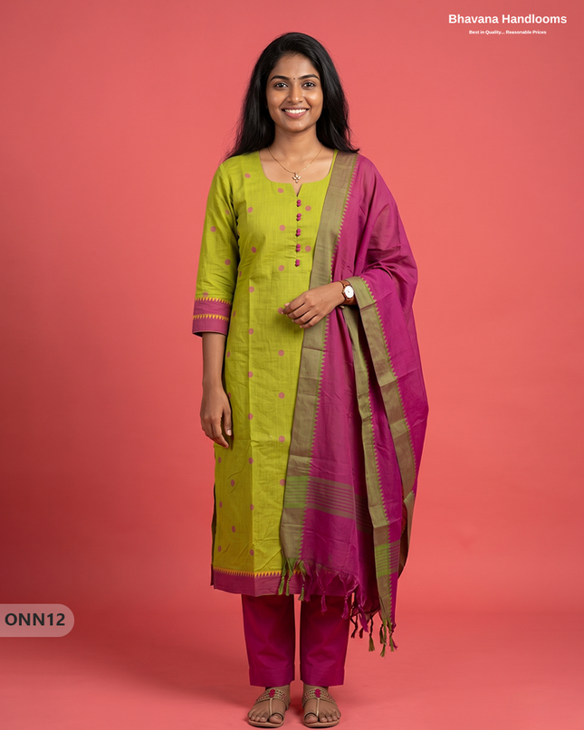 Mangalagiri Cotton 3PC Set with Full-Length Lining & Elastic Pocket Bottom – Olive Green