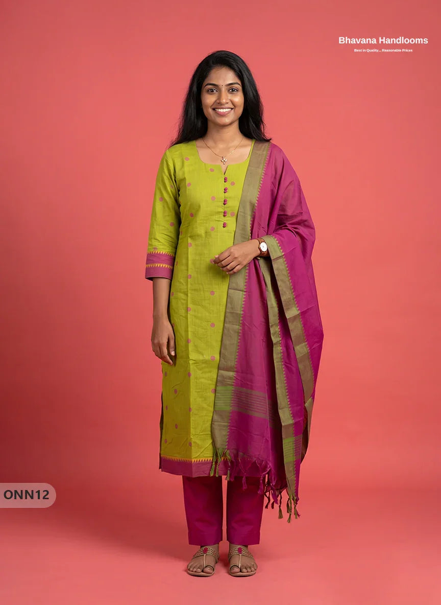Mangalagiri Cotton 3PC Set with Full-Length Lining & Elastic Pocket Bottom – Olive Green