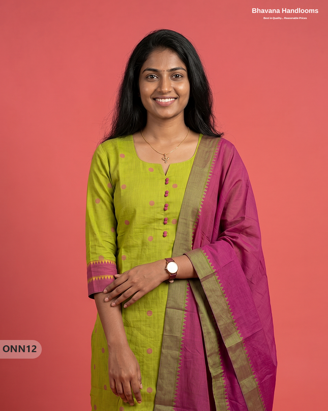 Mangalagiri Cotton 3PC Set with Full-Length Lining & Elastic Pocket Bottom – Olive Green
