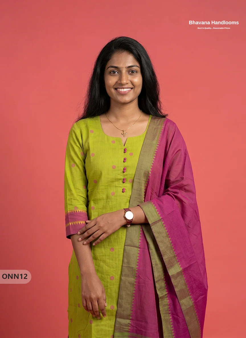 Mangalagiri Cotton 3PC Set with Full-Length Lining & Elastic Pocket Bottom – Olive Green