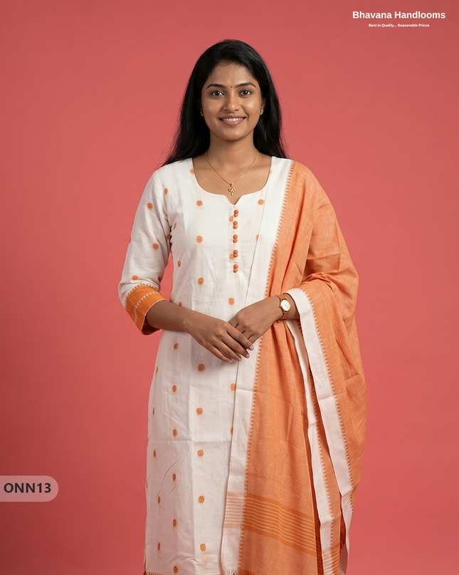 Mangalagiri Cotton 3PC Set with Full-Length Lining & Elastic Pocket Bottom – Off-White