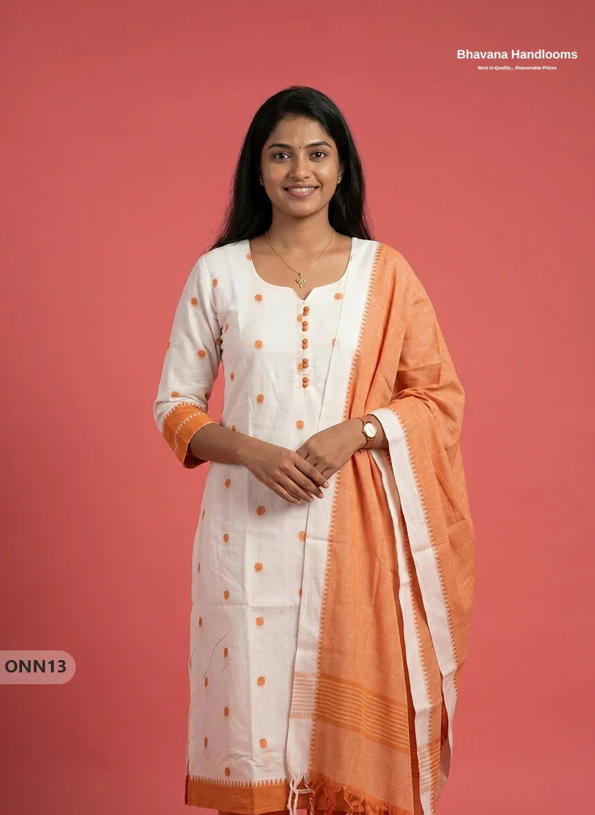 Mangalagiri Cotton 3PC Set with Full-Length Lining & Elastic Pocket Bottom – Off-White