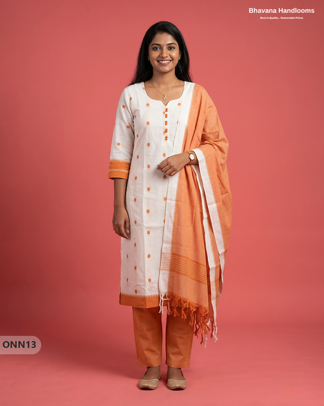 Mangalagiri Cotton 3PC Set with Full-Length Lining & Elastic Pocket Bottom – Off-White