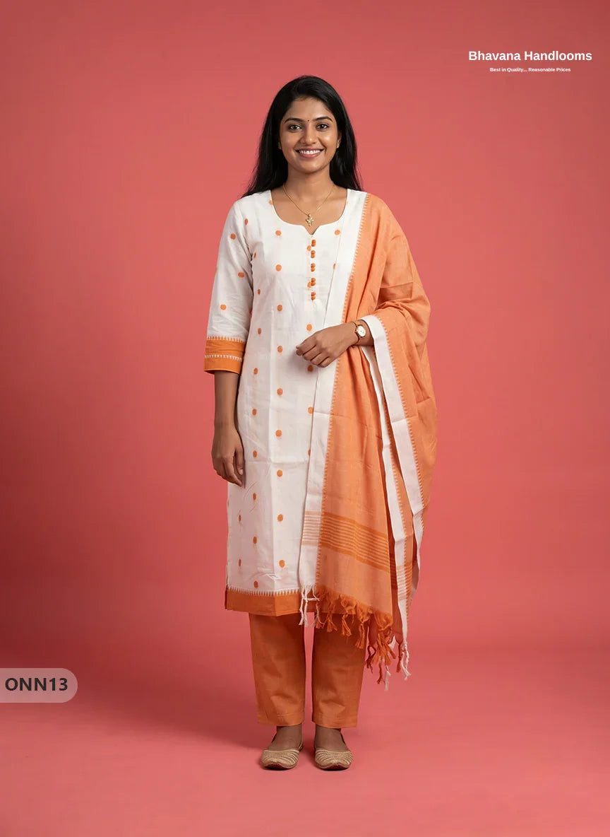 Mangalagiri Cotton 3PC Set with Full-Length Lining & Elastic Pocket Bottom – Off-White