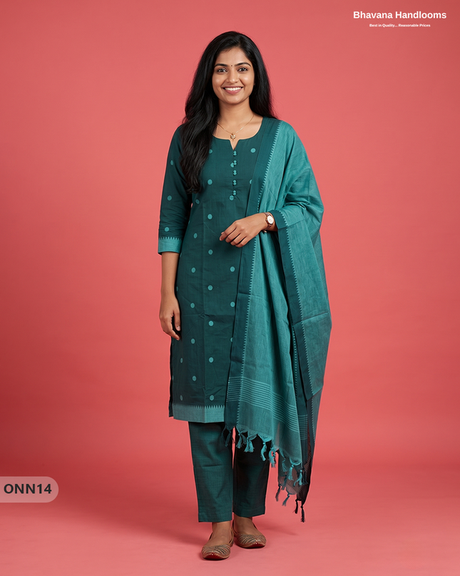 Mangalagiri Cotton 3PC Set with Full-Length Lining & Elastic Pocket Bottom – Dark Teal