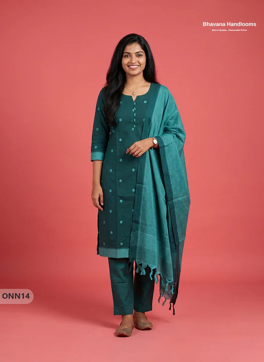 Mangalagiri Cotton 3PC Set with Full-Length Lining & Elastic Pocket Bottom – Dark Teal