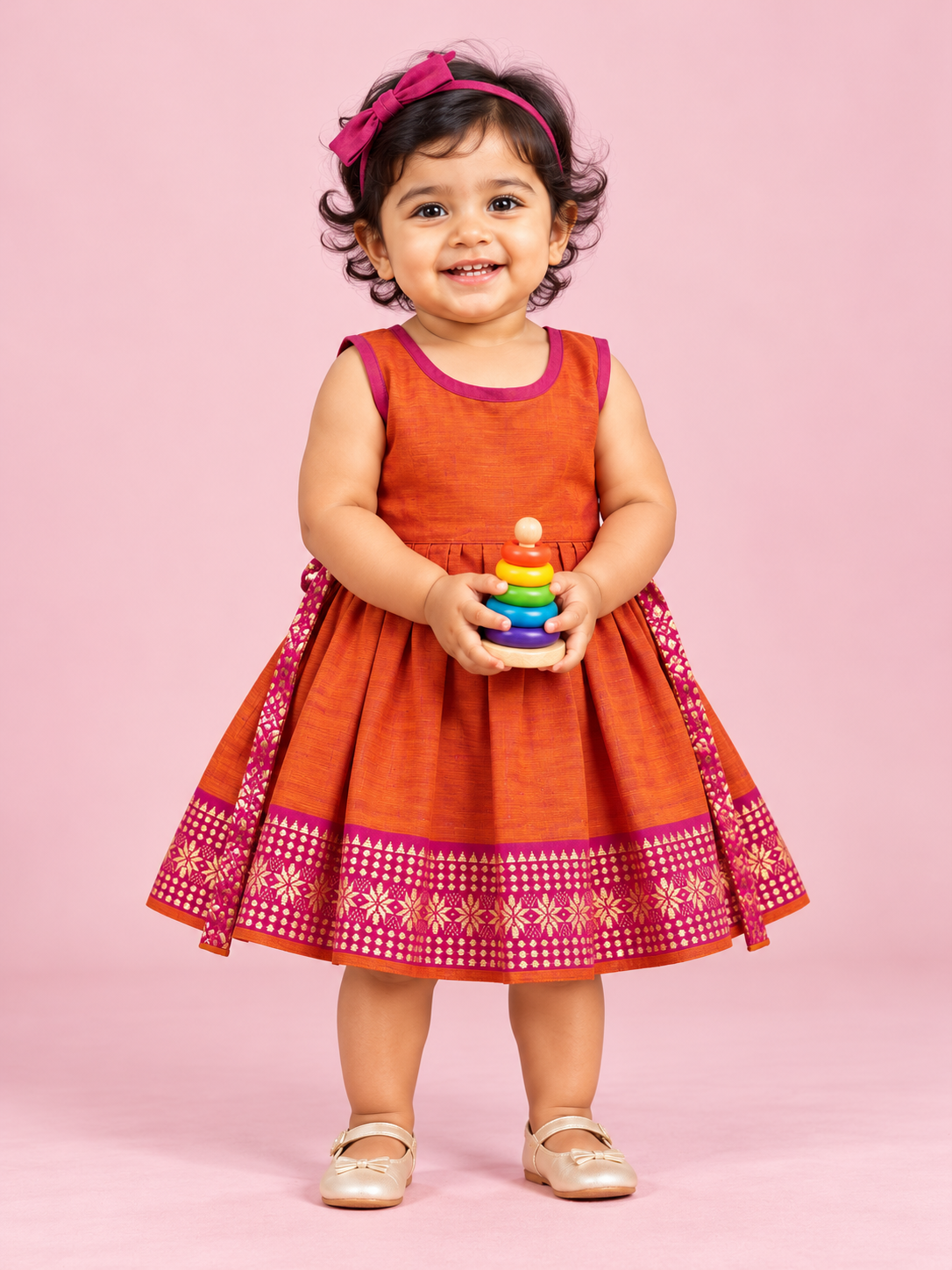 Orange & Pink Border Baby Frock for Girls – 1 to 3 Years – photo 1