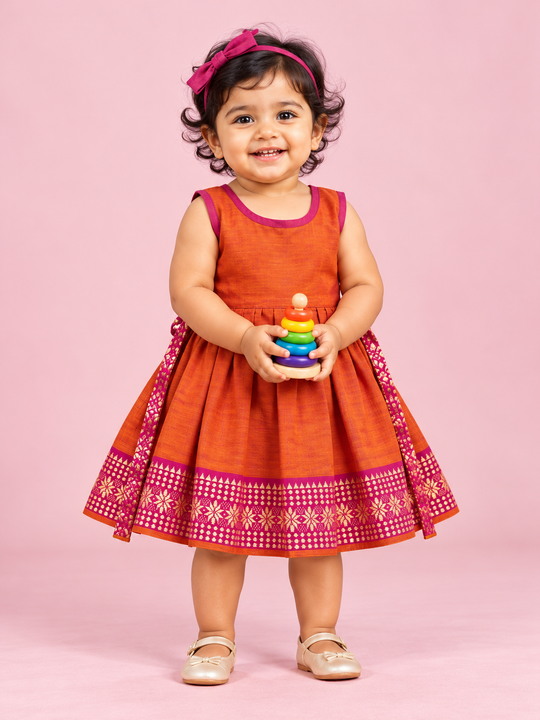Orange & Pink Border Baby Frock for Girls – 1 to 3 Years – photo 1