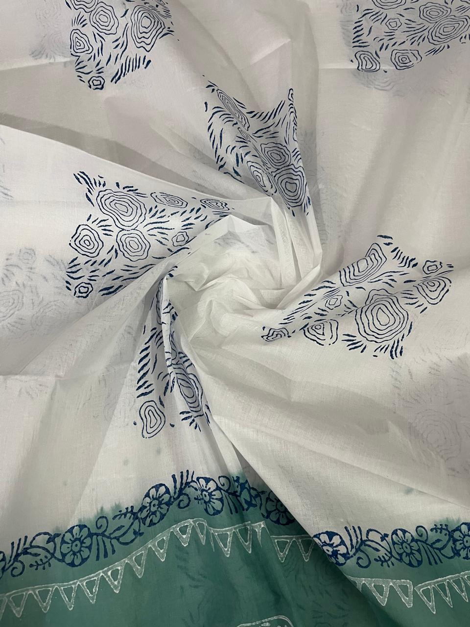 Traditional Handblock Cotton Dress Material in Sea Green & White | Elegant Peacock & Floral Handblock Print