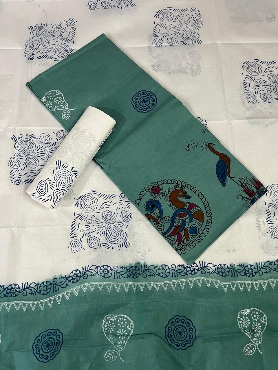 Traditional Handblock Cotton Dress Material in Sea Green & White | Elegant Peacock & Floral Handblock Print