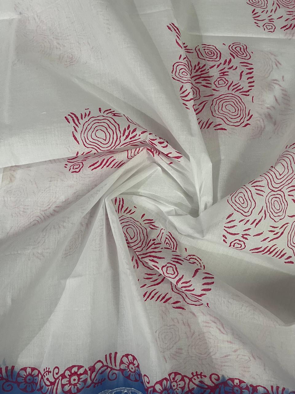 Traditional Handblock Cotton Dress Material in Royal Blue & White | Elegant Peacock & Floral Handblock Print