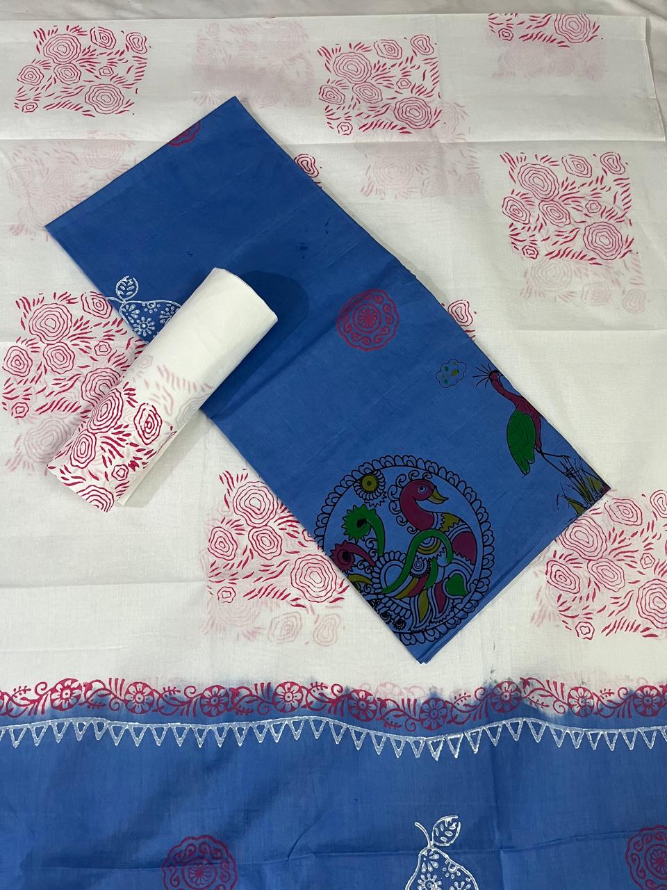 Traditional Handblock Cotton Dress Material in Royal Blue & White | Elegant Peacock & Floral Handblock Print