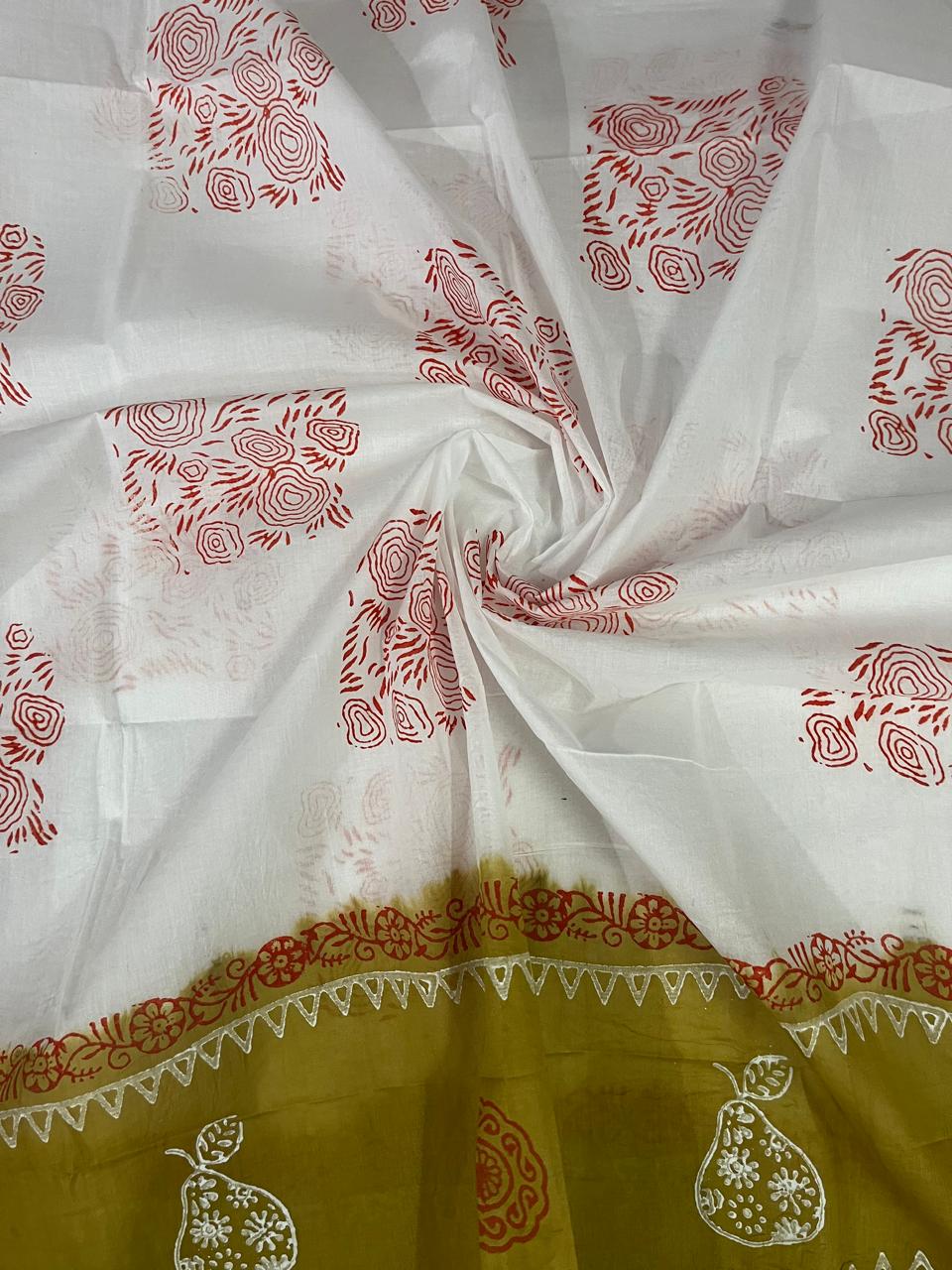 Traditional Handblock Cotton Dress Material in Olive Green & White | Elegant Peacock & Floral Handblock Print