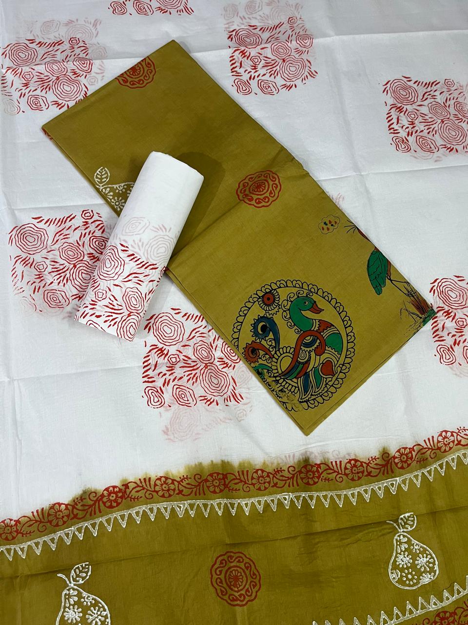 Traditional Handblock Cotton Dress Material in Olive Green & White | Elegant Peacock & Floral Handblock Print