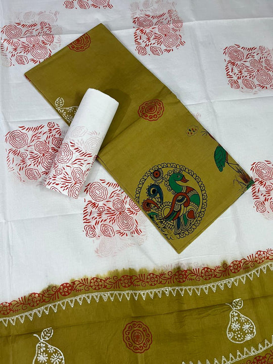 Traditional Handblock Cotton Dress Material in Olive Green & White | Elegant Peacock & Floral Handblock Print