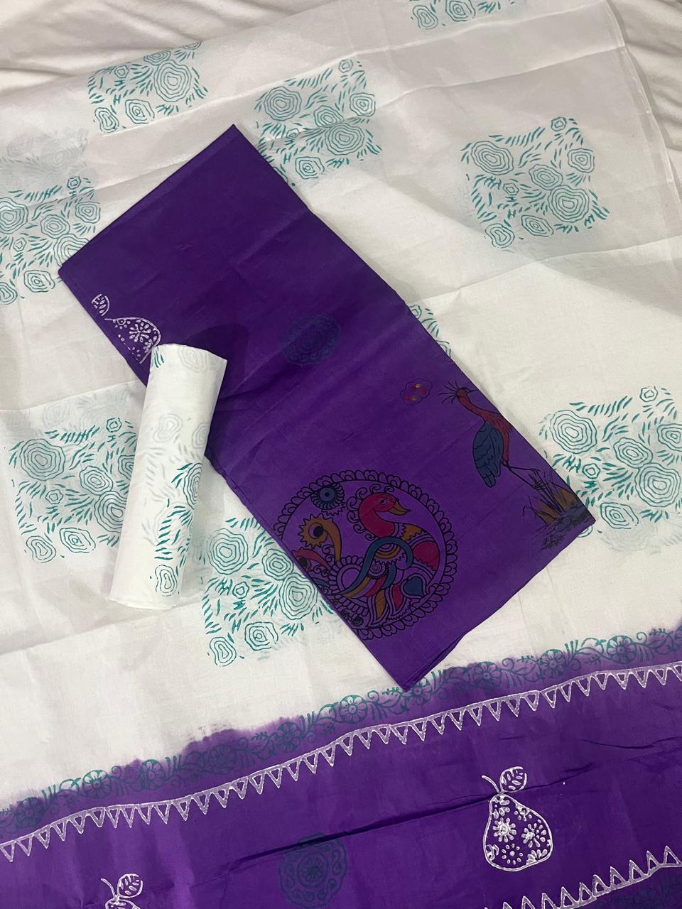 Traditional Handblock Cotton Dress Material in Purple & White | Elegant Peacock & Floral Handblock Print