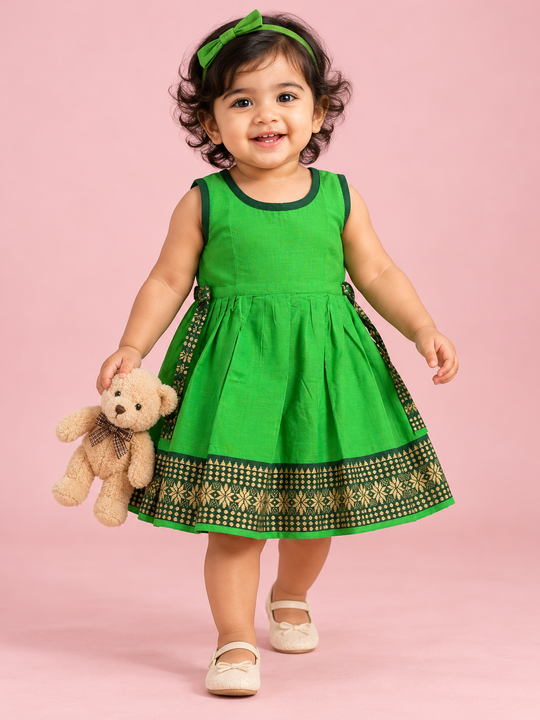Parrot Green & Gold Border Baby Frock for Girls – 1 to 3 Years – photo 1