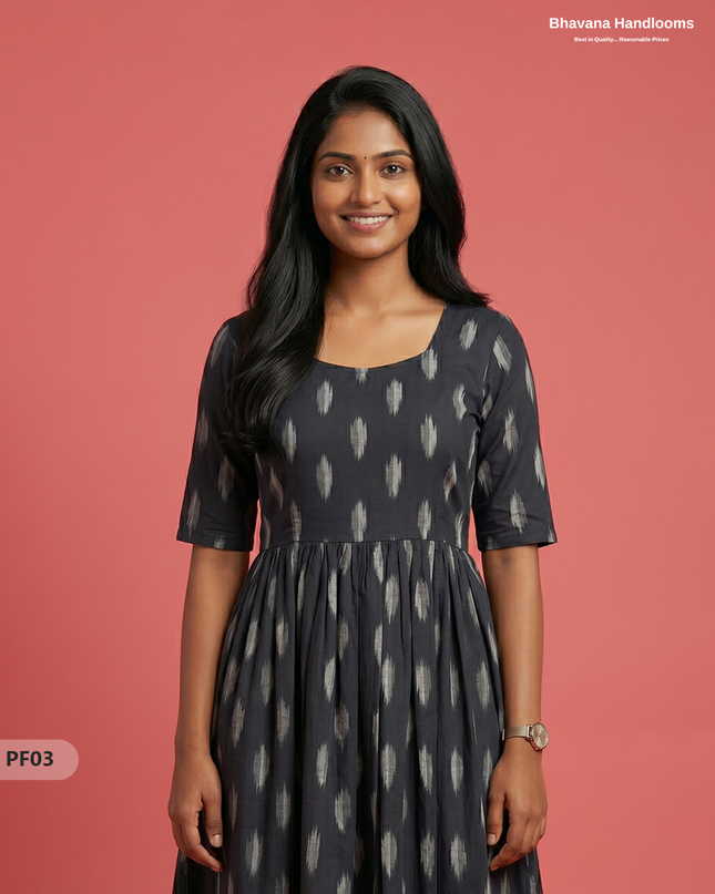 Handcrafted Pochampally Black Cotton Frock with Knot Detailing – Ethnic Wear for Women