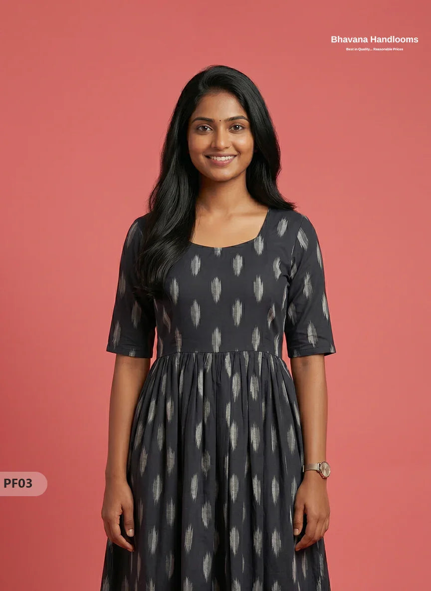 Handcrafted Pochampally Black Cotton Frock with Knot Detailing – Ethnic Wear for Women