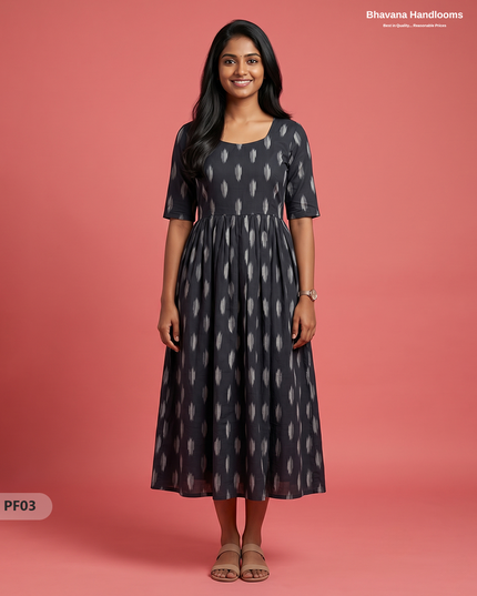 Handcrafted Pochampally Black Cotton Frock with Knot Detailing – Ethnic Wear for Women