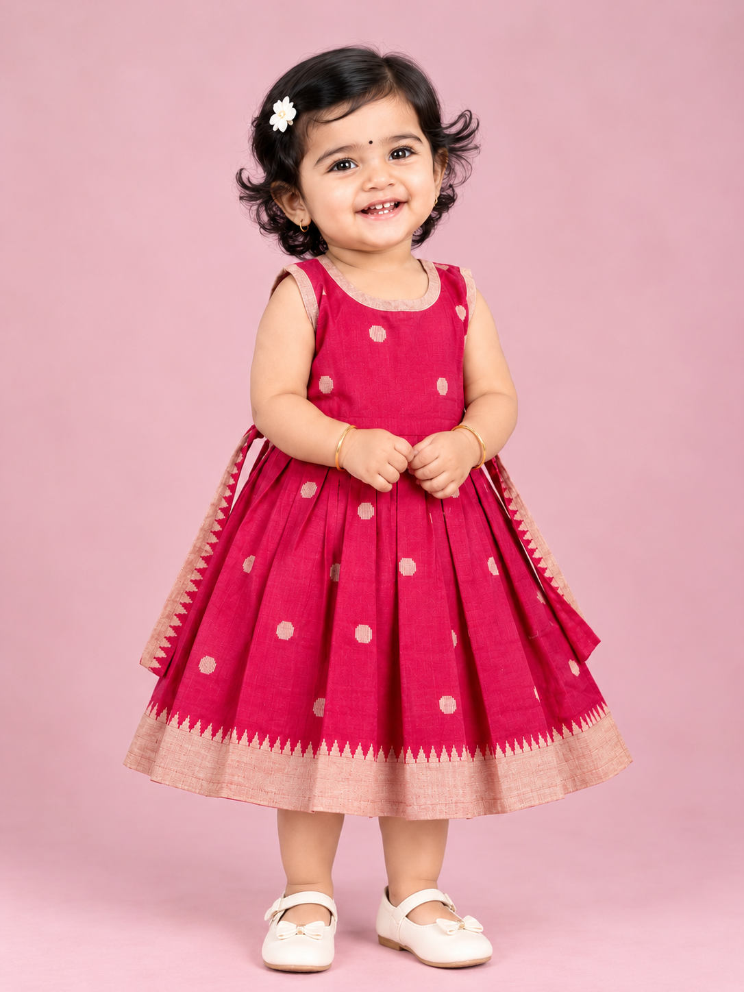 Pink & Beige Polka Dot Baby Frock for Girls – 1 to 3 Years – photo 1