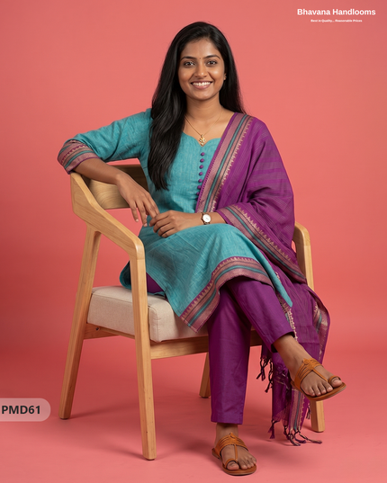 Pure Handloom Kurti Set with Chettinadu Border & Potli Balls | Sea Green Colour Ethnic Wear