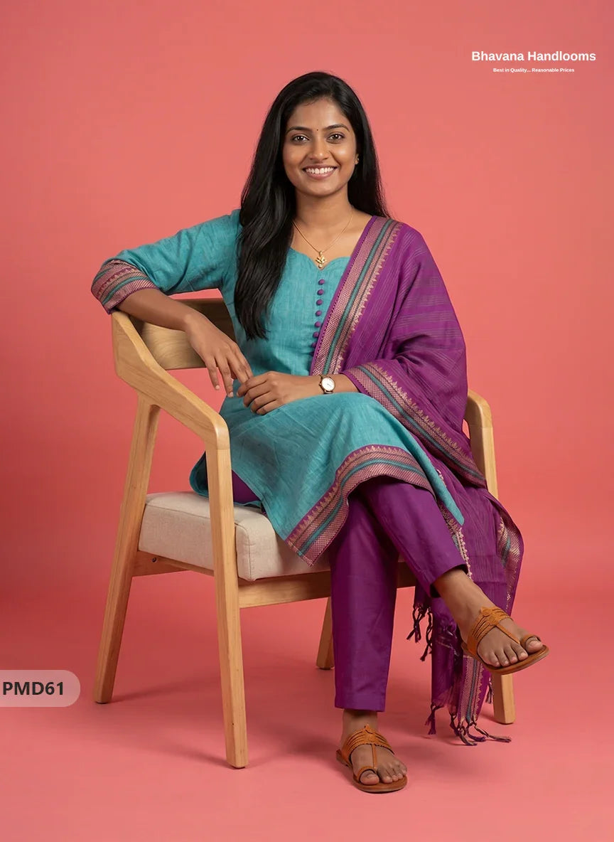 Pure Handloom Kurti Set with Chettinadu Border & Potli Balls | Sea Green Colour Ethnic Wear