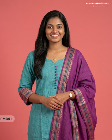 Pure Handloom Kurti Set with Chettinadu Border & Potli Balls | Sea Green Colour Ethnic Wear