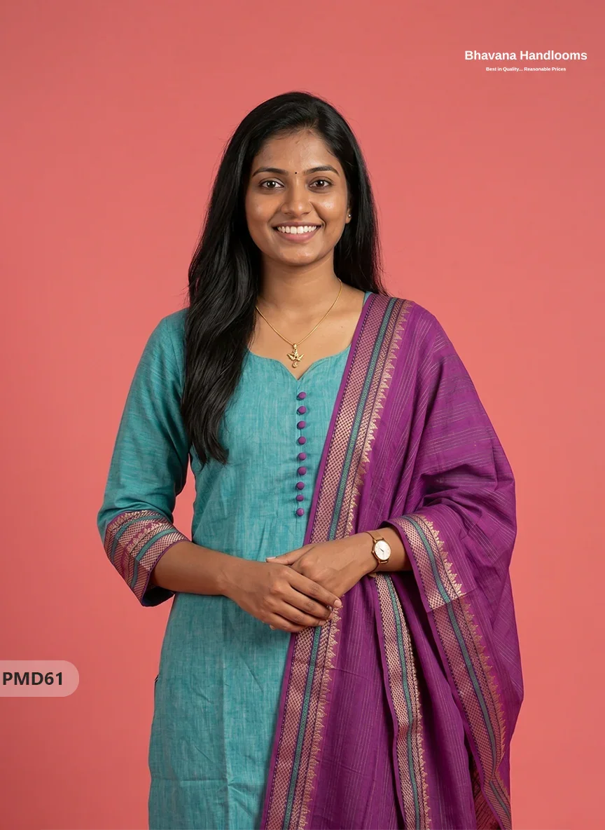 Pure Handloom Kurti Set with Chettinadu Border & Potli Balls | Sea Green Colour Ethnic Wear