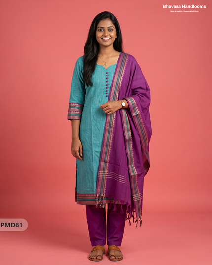 Pure Handloom Kurti Set with Chettinadu Border & Potli Balls | Sea Green Colour Ethnic Wear