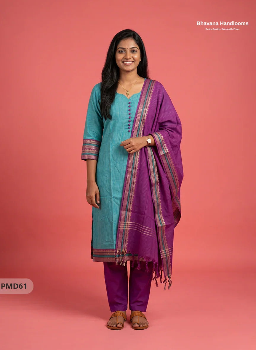 Pure Handloom Kurti Set with Chettinadu Border & Potli Balls | Sea Green Colour Ethnic Wear