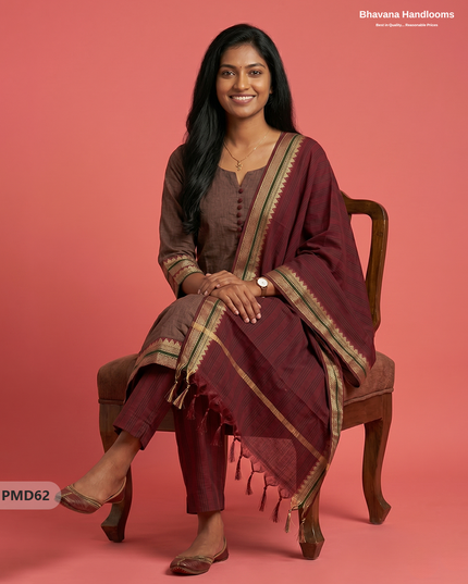 Pure Handloom Kurti Set with Chettinadu Border & Potli Balls | Coffee Brown Colour Ethnic Wear