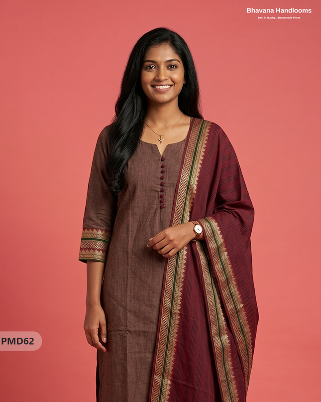 Pure Handloom Kurti Set with Chettinadu Border & Potli Balls | Coffee Brown Colour Ethnic Wear