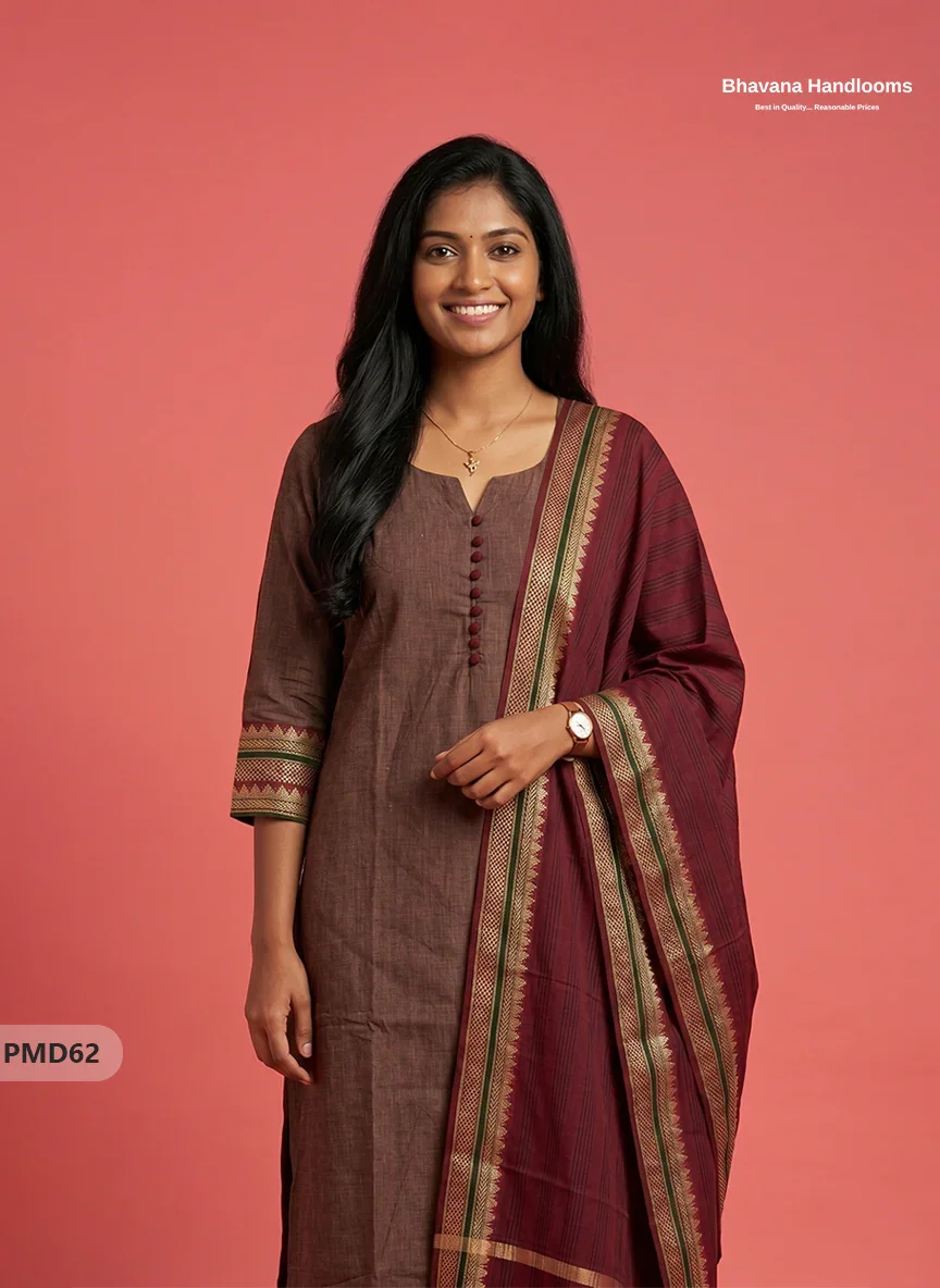 Pure Handloom Kurti Set with Chettinadu Border & Potli Balls | Coffee Brown Colour Ethnic Wear
