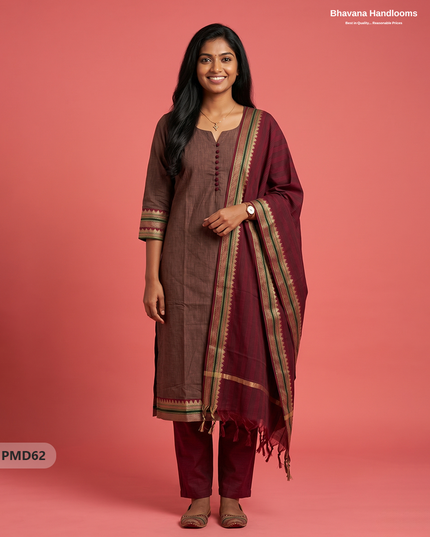 Pure Handloom Kurti Set with Chettinadu Border & Potli Balls | Coffee Brown Colour Ethnic Wear
