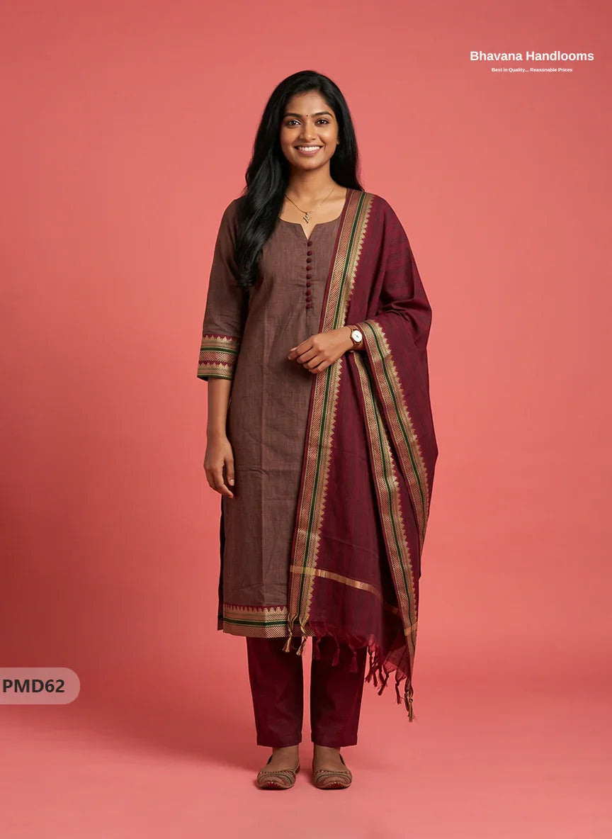 Pure Handloom Kurti Set with Chettinadu Border & Potli Balls | Coffee Brown Colour Ethnic Wear