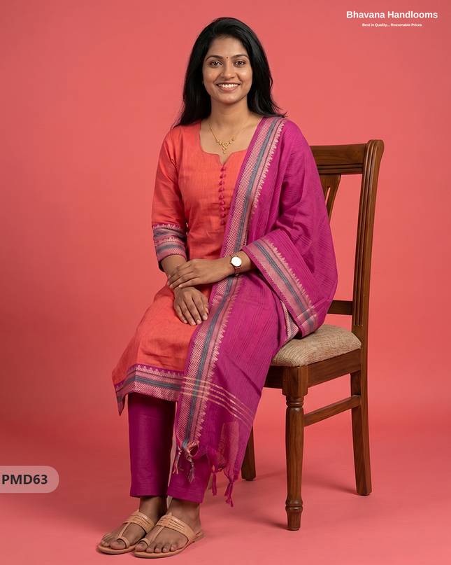 Pure Handloom Kurti Set with Chettinadu Border & Potli Balls | Coral Pink Colour Ethnic Wear