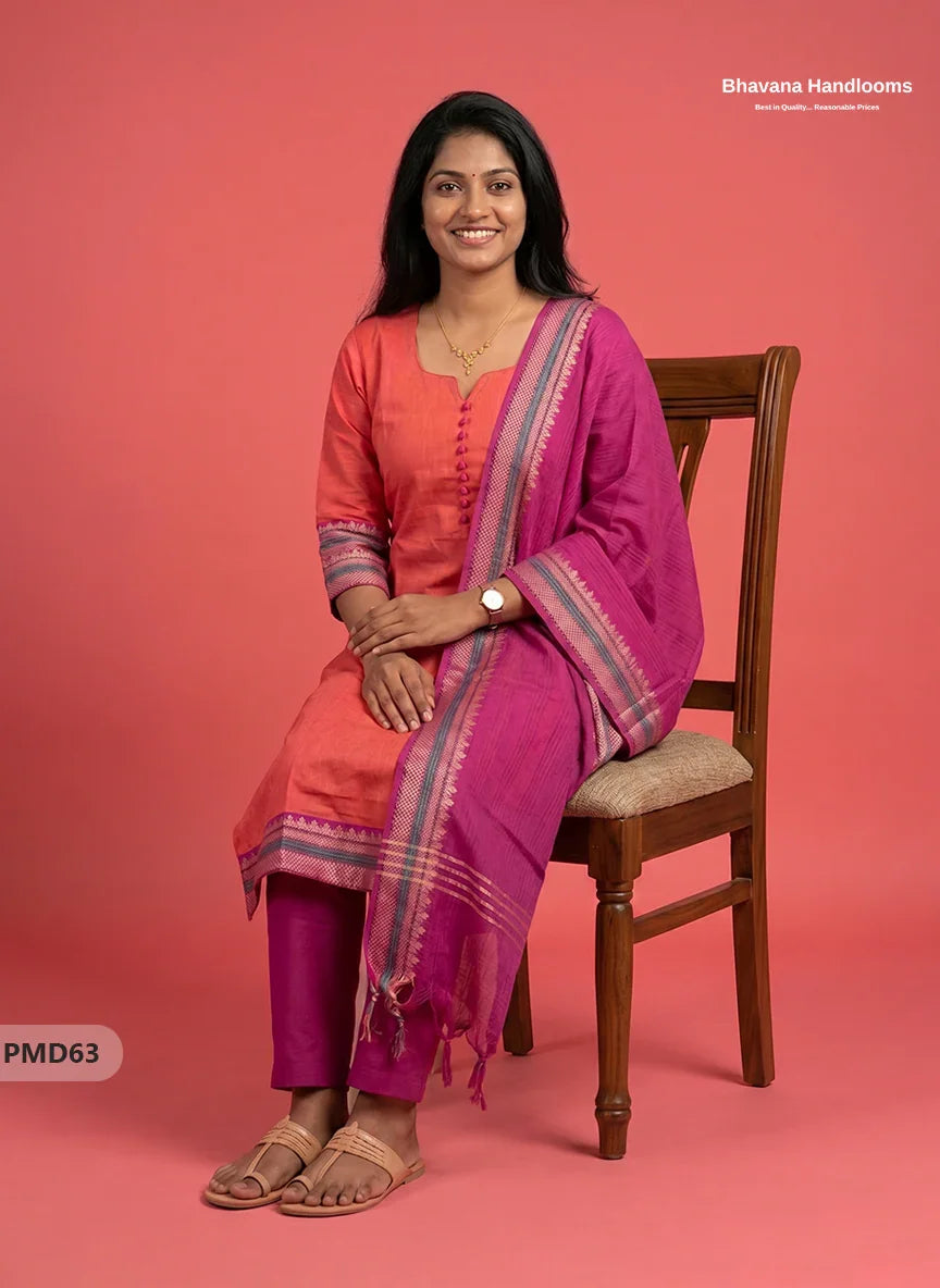 Pure Handloom Kurti Set with Chettinadu Border & Potli Balls | Coral Pink Colour Ethnic Wear